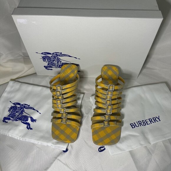 Burberry Women's Yellow Hunter Check Carmine Strap Heels Sandals Sz 38 EU NWT - Picture 4 of 16